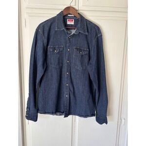 Wrangler Mens Blue Denim Western Shirt XL PearlSnap Pocket Long Sleeve